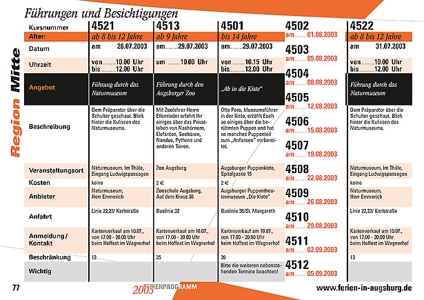 Stadt Augsburg - Innenseite 77 mit mit regulärem Programmangebot für das Ferienprogramm 2003 der Stadt Augsburg von Tomm Everett